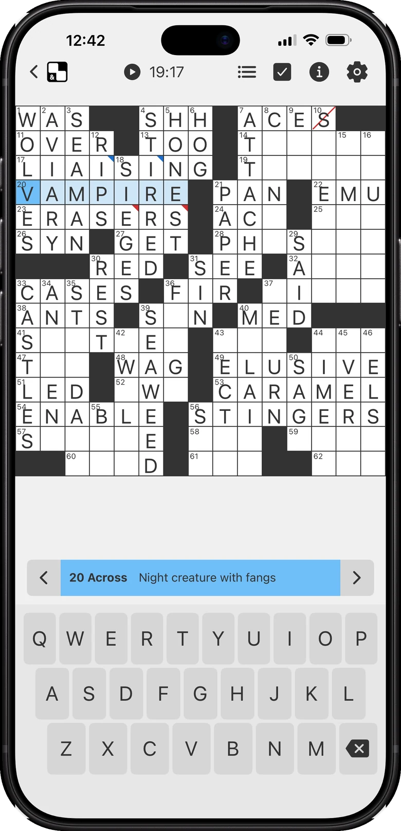 Down & Across on iPhone, with a puzzle half solved and 20 Across, Night creature with fangs, selected
